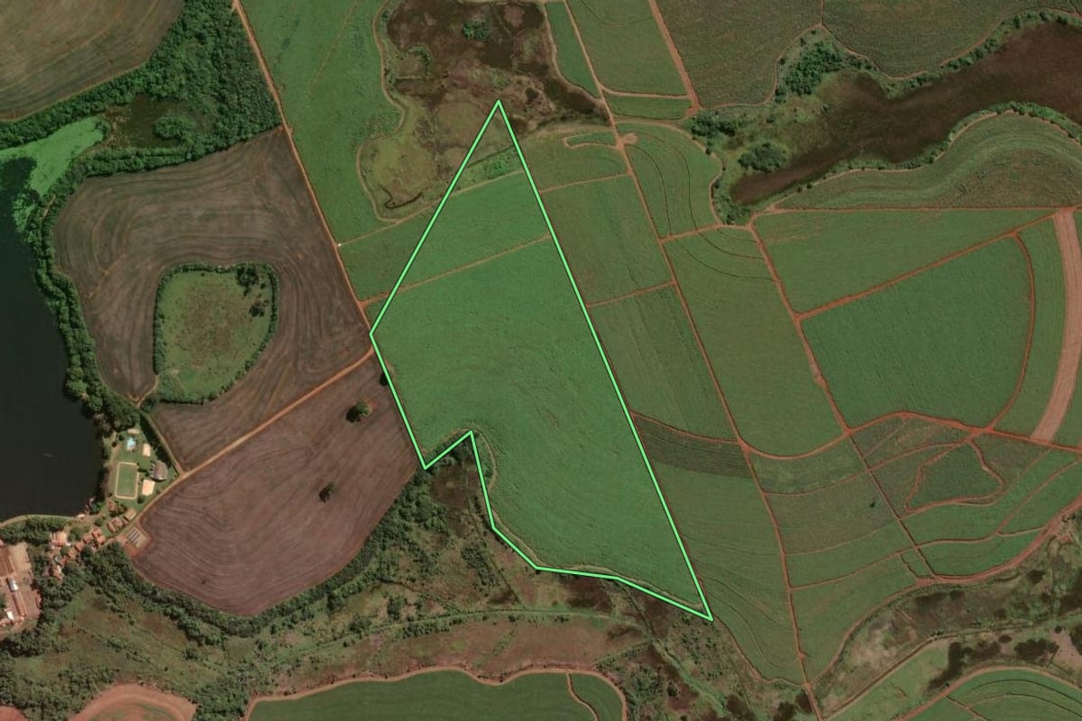 Imagem de satélite do imóvel rural em Leme (SP), com o contorno declarado no CAR desenhado por cima.