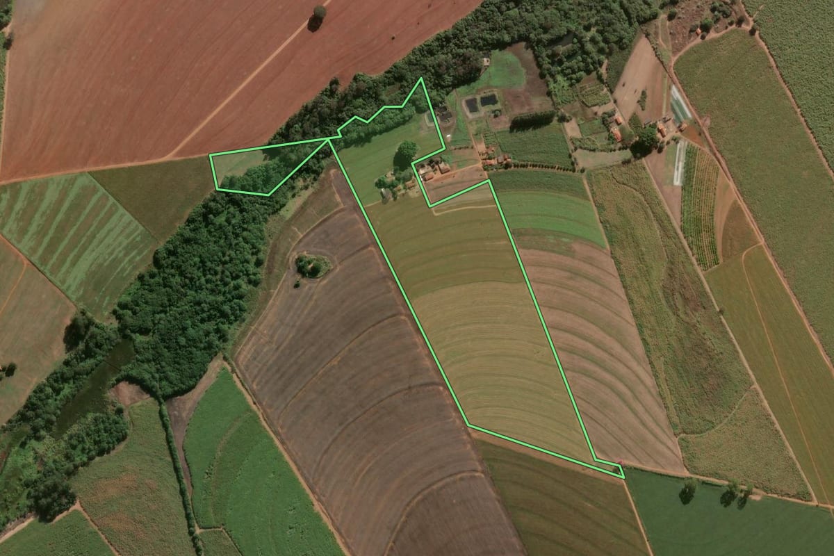 Imagem de satélite do imóvel rural em Leme (SP), com o contorno declarado no CAR desenhado por cima.