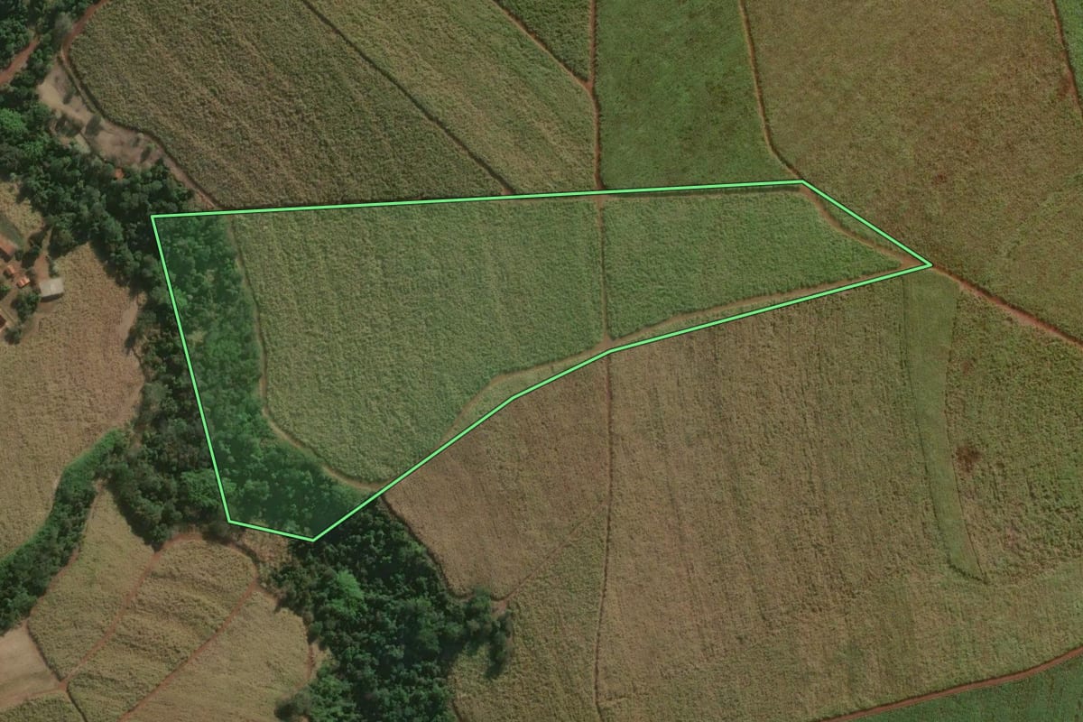 Imagem de satélite do imóvel rural em Lençóis Paulista (SP), com o contorno declarado no CAR desenhado por cima.