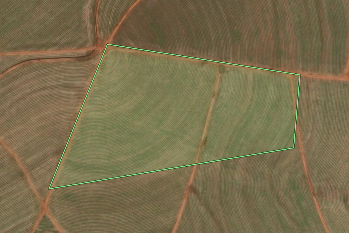 Imagem de satélite do imóvel rural em Lençóis Paulista (SP), com o contorno declarado no CAR desenhado por cima.
