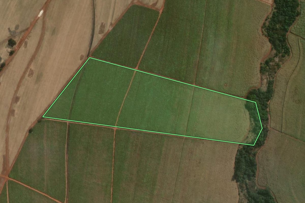 Imagem de satélite do imóvel rural em Lençóis Paulista (SP), com o contorno declarado no CAR desenhado por cima.