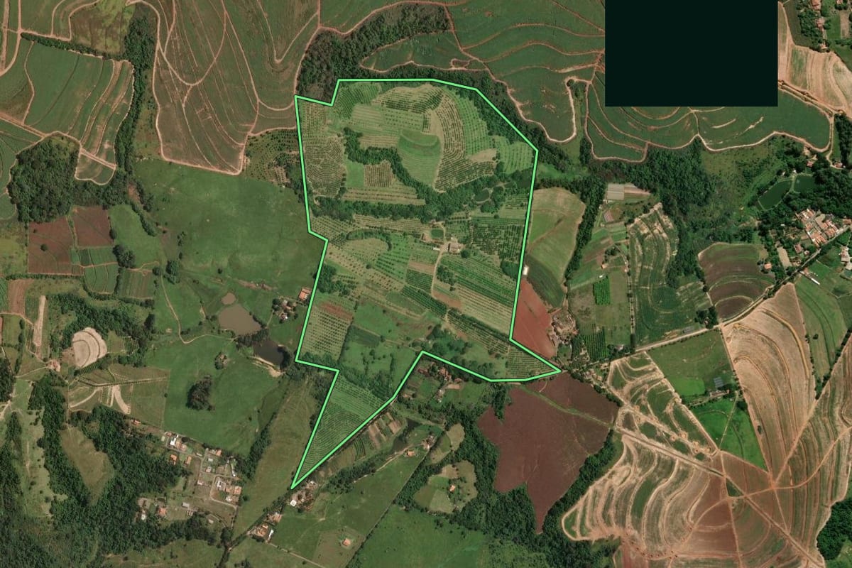 Imagem de satélite do imóvel rural em Limeira (SP), com o contorno declarado no CAR desenhado por cima.