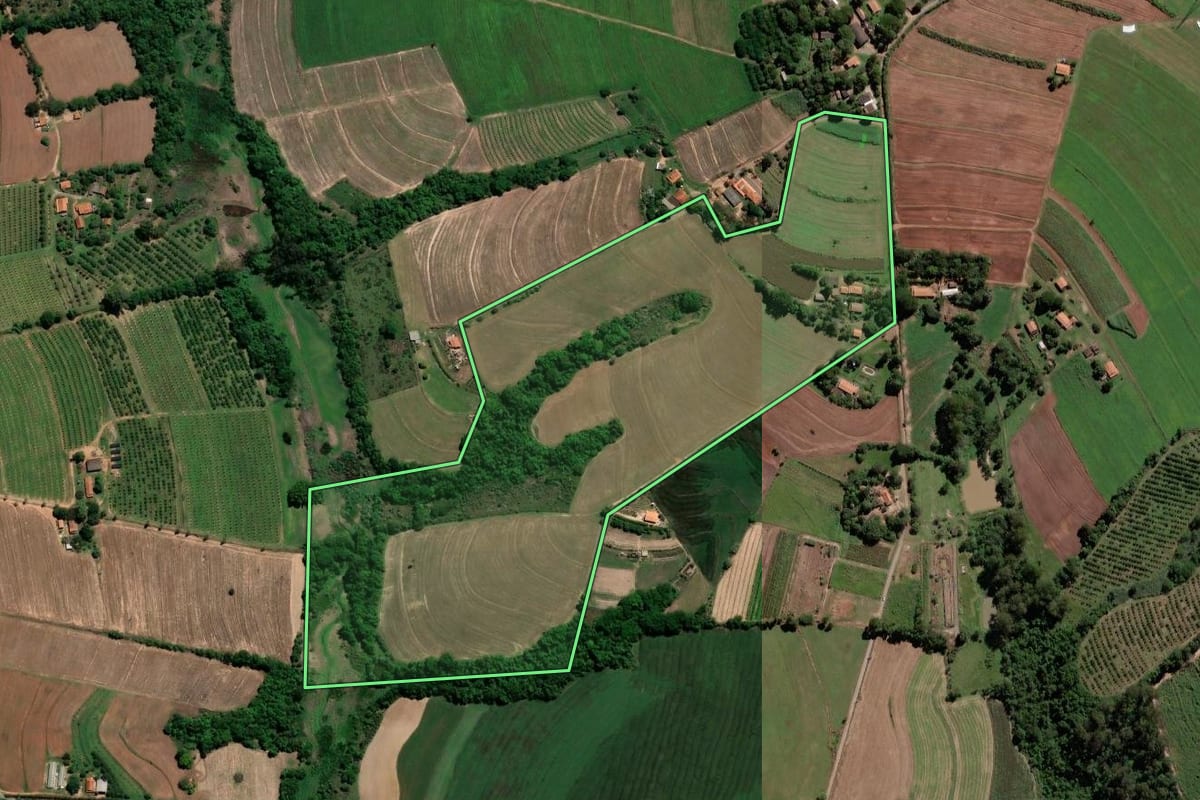 Imagem de satélite do imóvel rural em Limeira (SP), com o contorno declarado no CAR desenhado por cima.