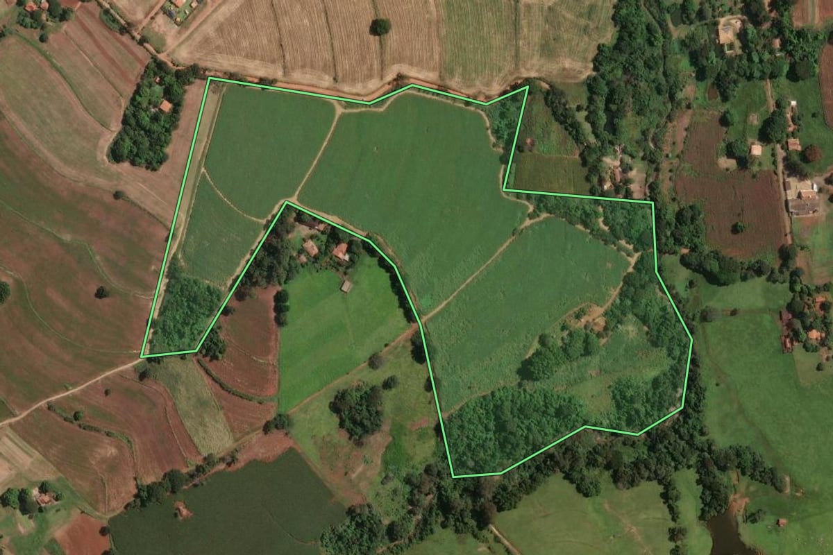 Imagem de satélite do imóvel rural em Limeira (SP), com o contorno declarado no CAR desenhado por cima.