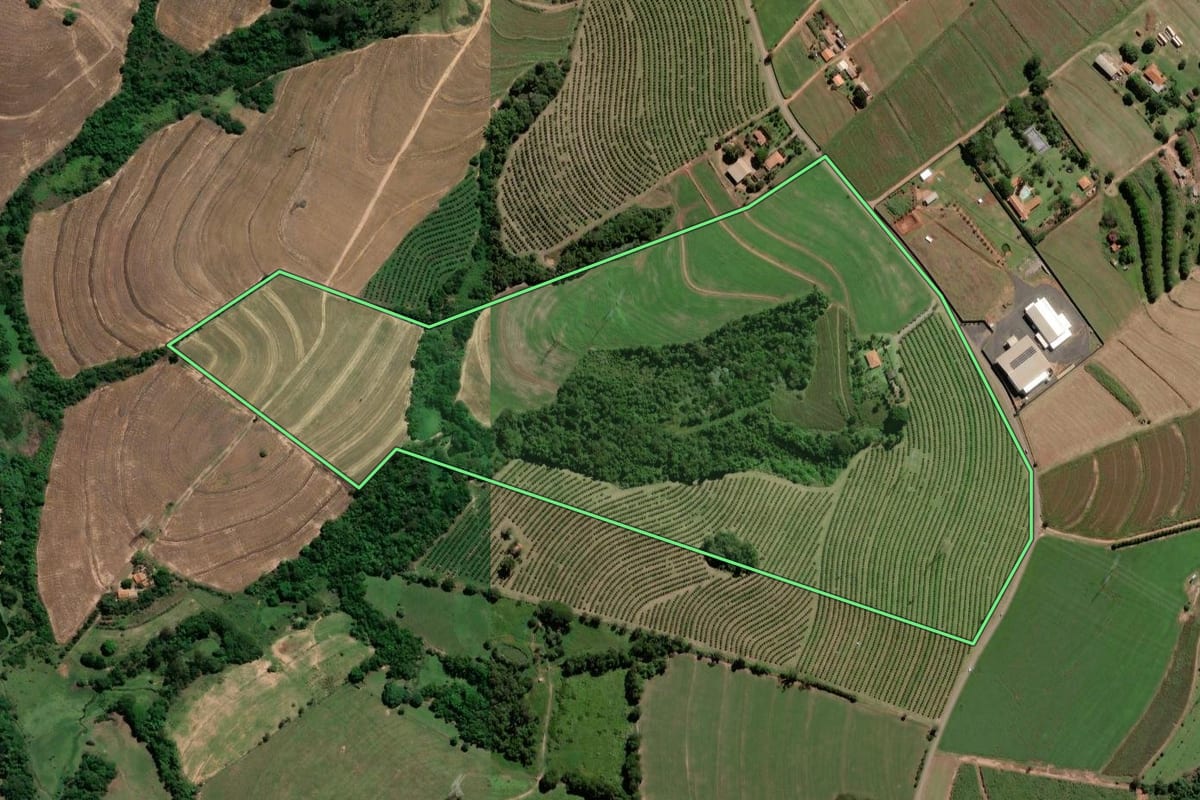 Imagem de satélite do imóvel rural em Limeira (SP), com o contorno declarado no CAR desenhado por cima.