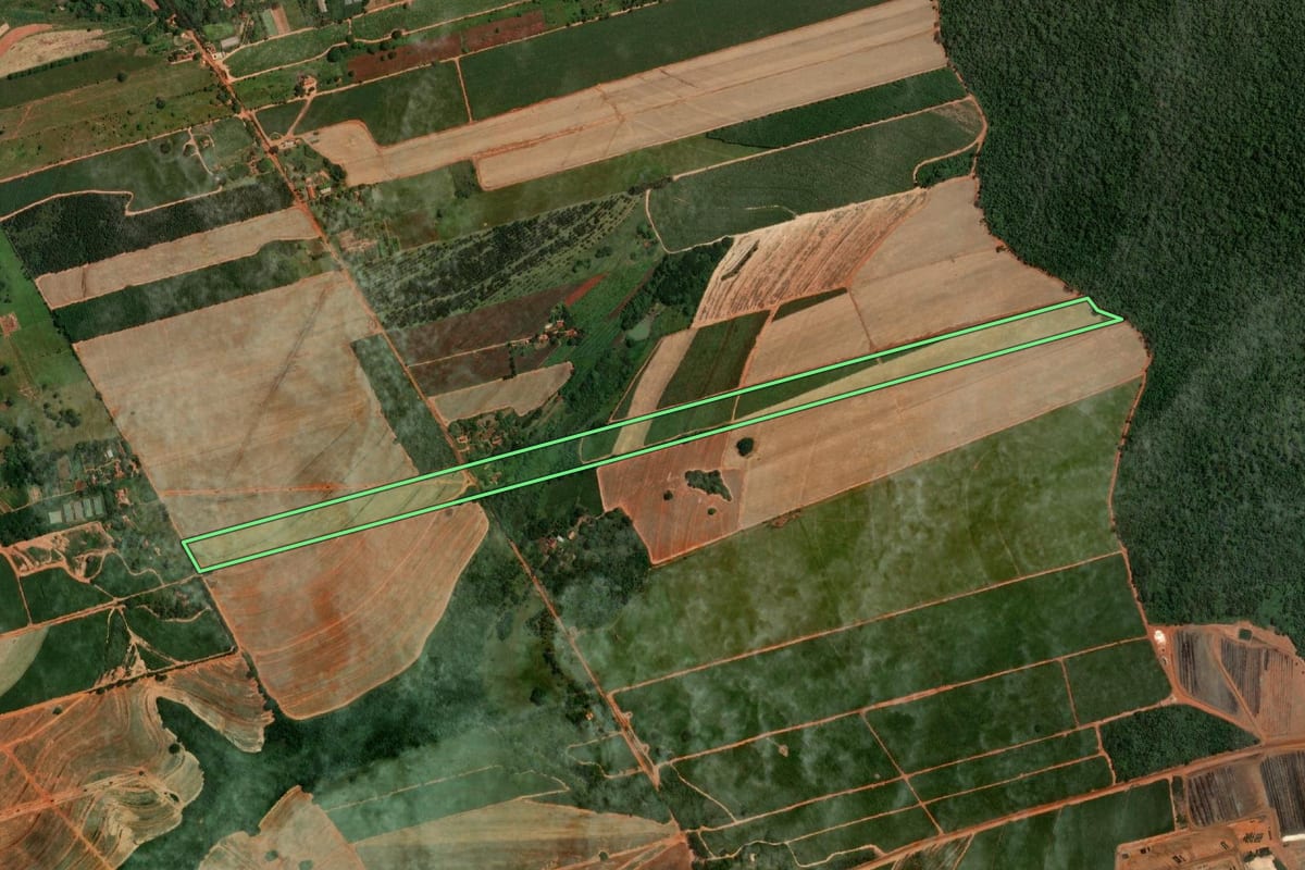 Imagem de satélite do imóvel rural em Lins (SP), com o contorno declarado no CAR desenhado por cima.