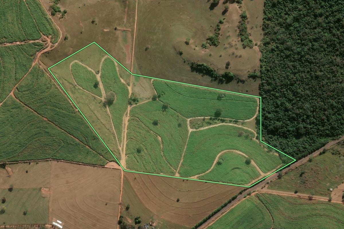 Imagem de satélite do imóvel rural em Lins (SP), com o contorno declarado no CAR desenhado por cima.