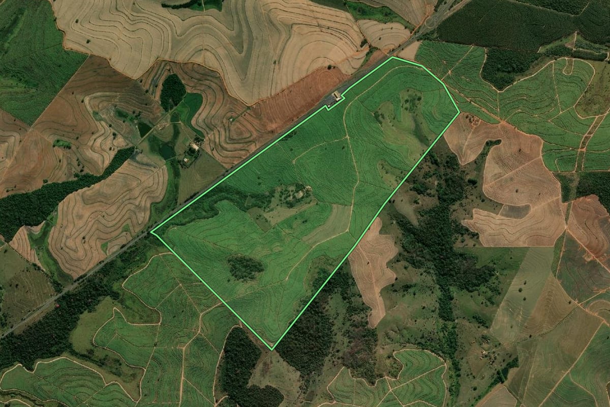 Imagem de satélite do imóvel rural em Lins (SP), com o contorno declarado no CAR desenhado por cima.