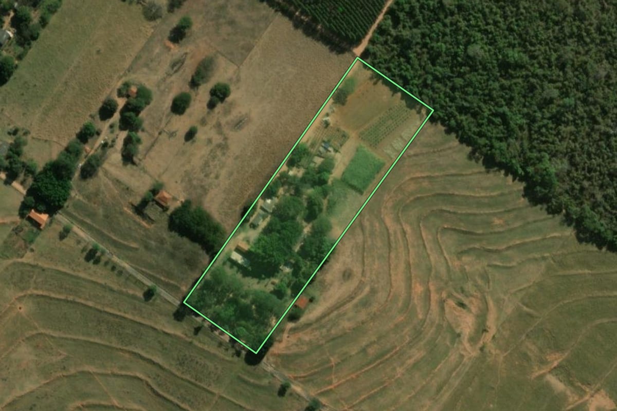 Imagem de satélite do imóvel rural em Lins (SP), com o contorno declarado no CAR desenhado por cima.