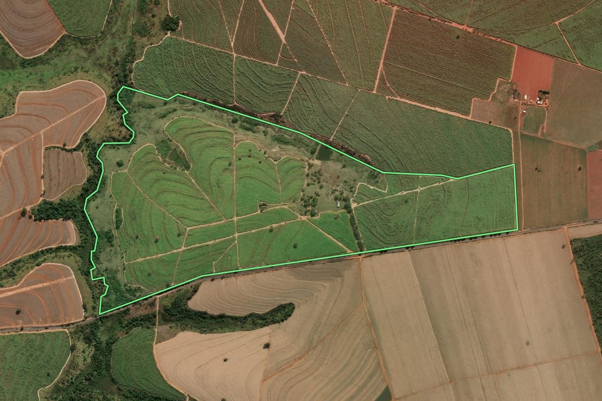 Imagem de satélite do imóvel rural em Lins (SP), com o contorno declarado no CAR desenhado por cima.