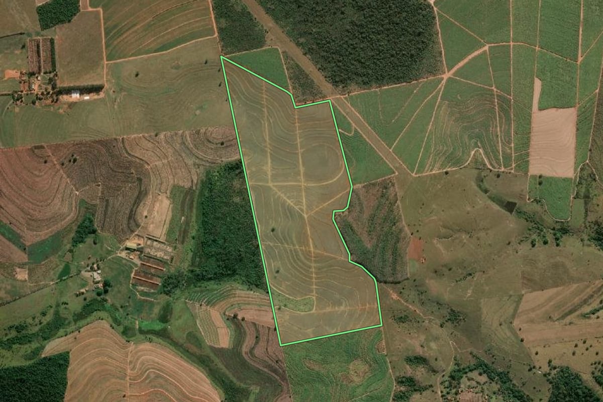 Imagem de satélite do imóvel rural em Lins (SP), com o contorno declarado no CAR desenhado por cima.