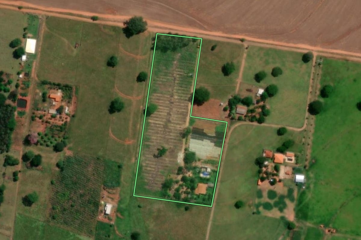 Imagem de satélite do imóvel rural em Lins (SP), com o contorno declarado no CAR desenhado por cima.
