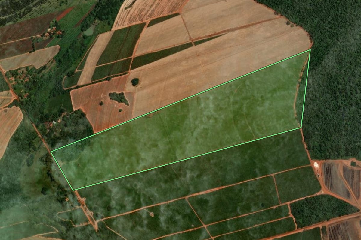 Imagem de satélite do imóvel rural em Lins (SP), com o contorno declarado no CAR desenhado por cima.