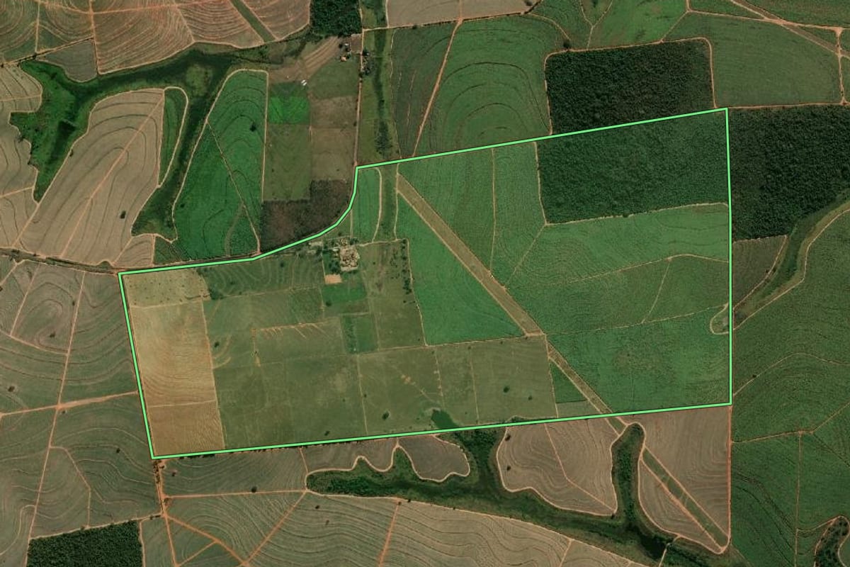 Imagem de satélite do imóvel rural em Lins (SP), com o contorno declarado no CAR desenhado por cima.