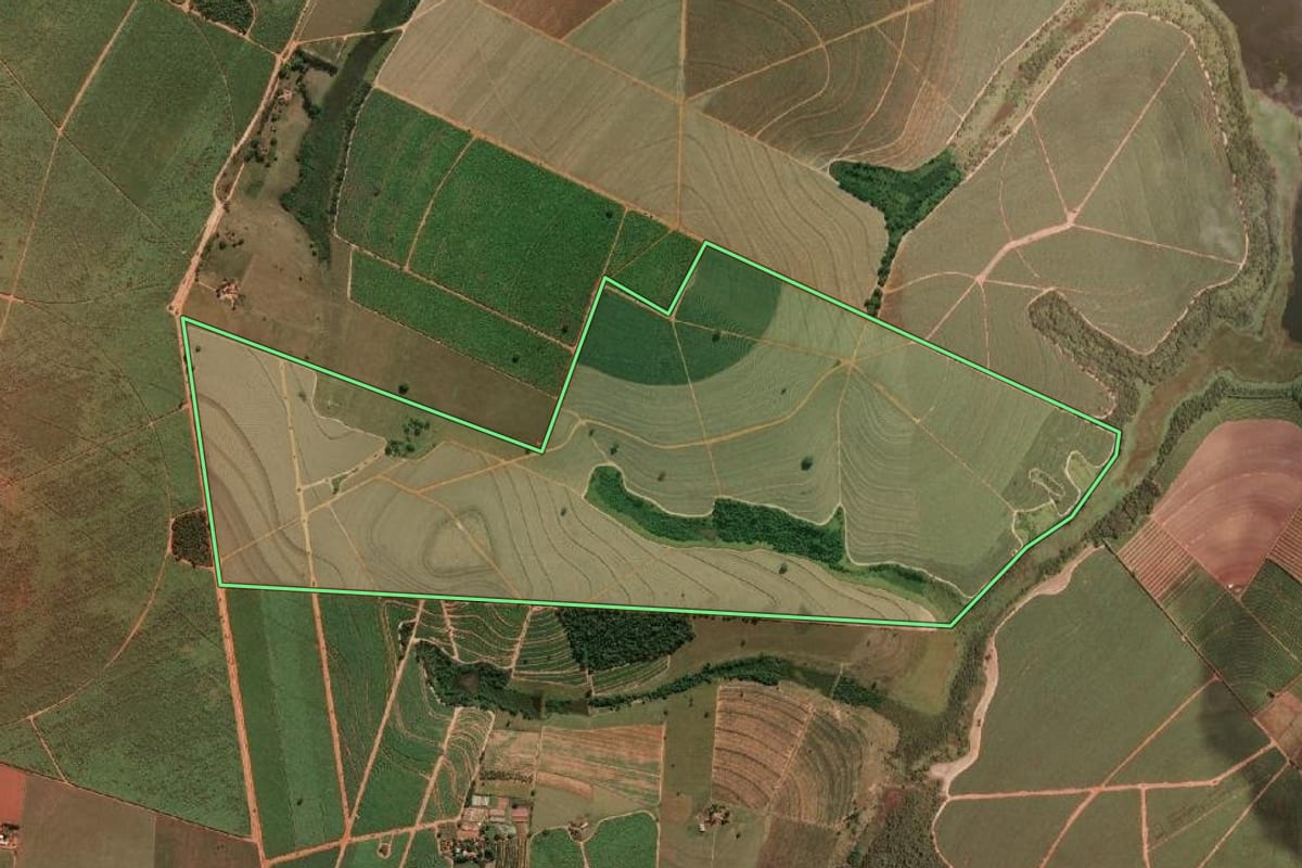 Imagem de satélite do imóvel rural em Lins (SP), com o contorno declarado no CAR desenhado por cima.