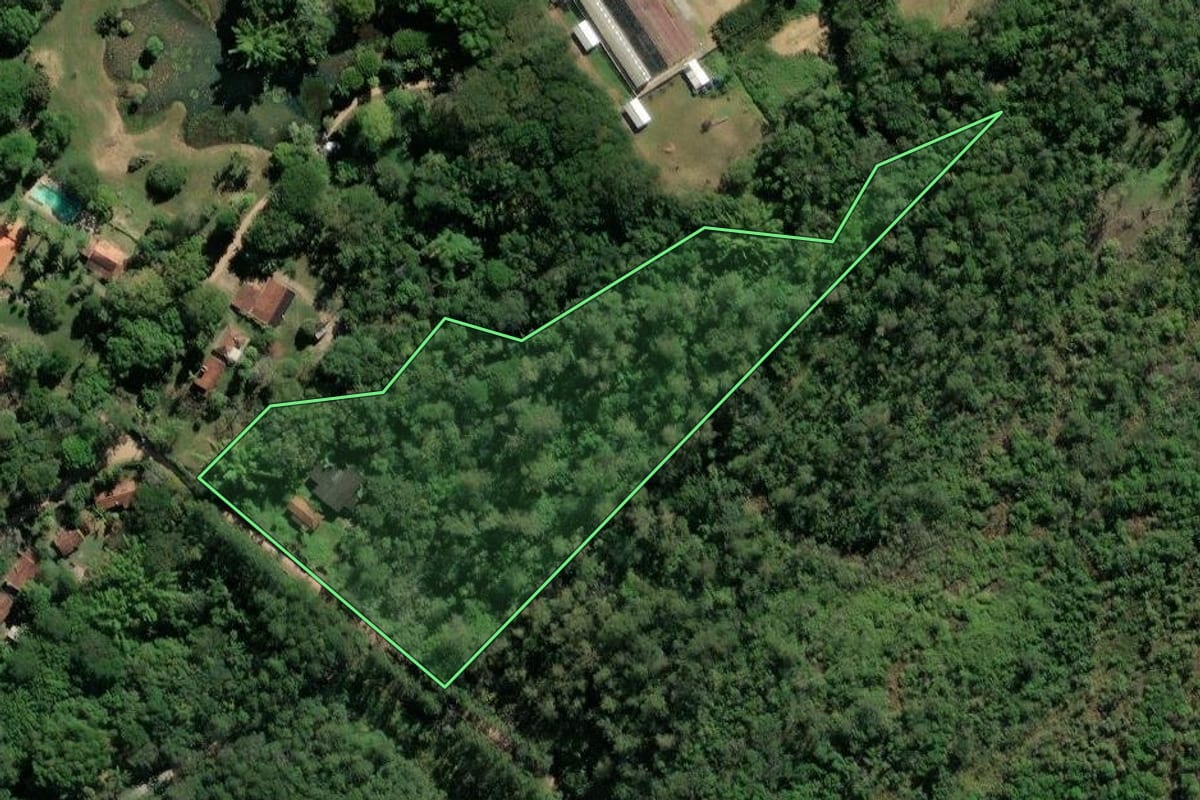 Imagem de satélite do imóvel rural em Lorena (SP), com o contorno declarado no CAR desenhado por cima.