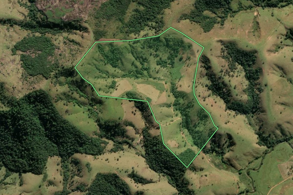 Imagem de satélite do imóvel rural em Lorena (SP), com o contorno declarado no CAR desenhado por cima.