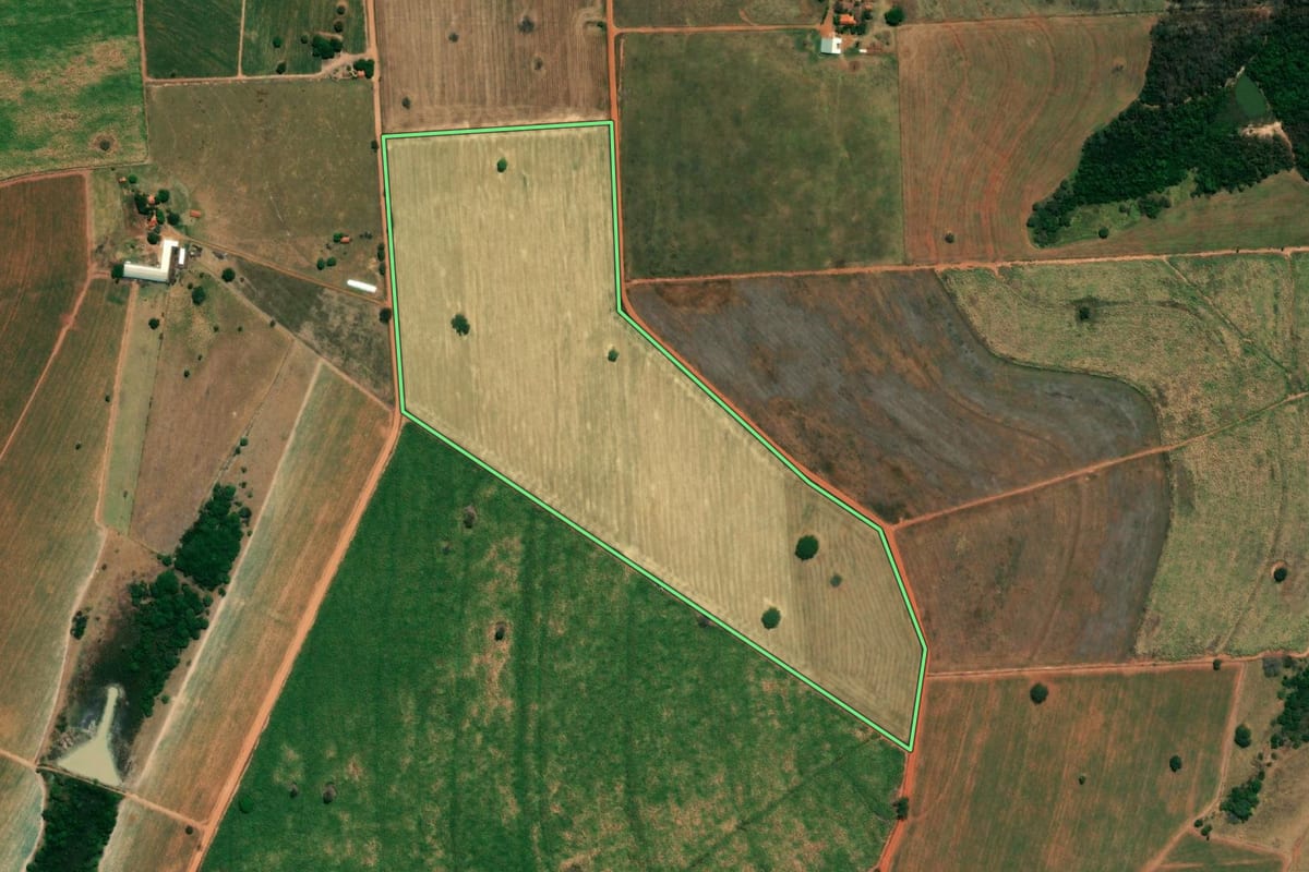 Imagem de satélite do imóvel rural em Lourdes (SP), com o contorno declarado no CAR desenhado por cima.