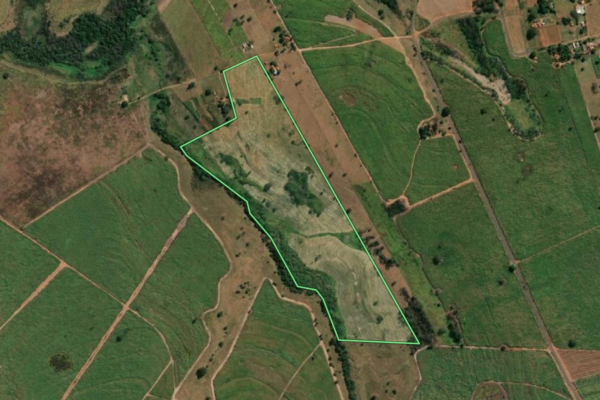 Imagem de satélite do imóvel rural em Lourdes (SP), com o contorno declarado no CAR desenhado por cima.
