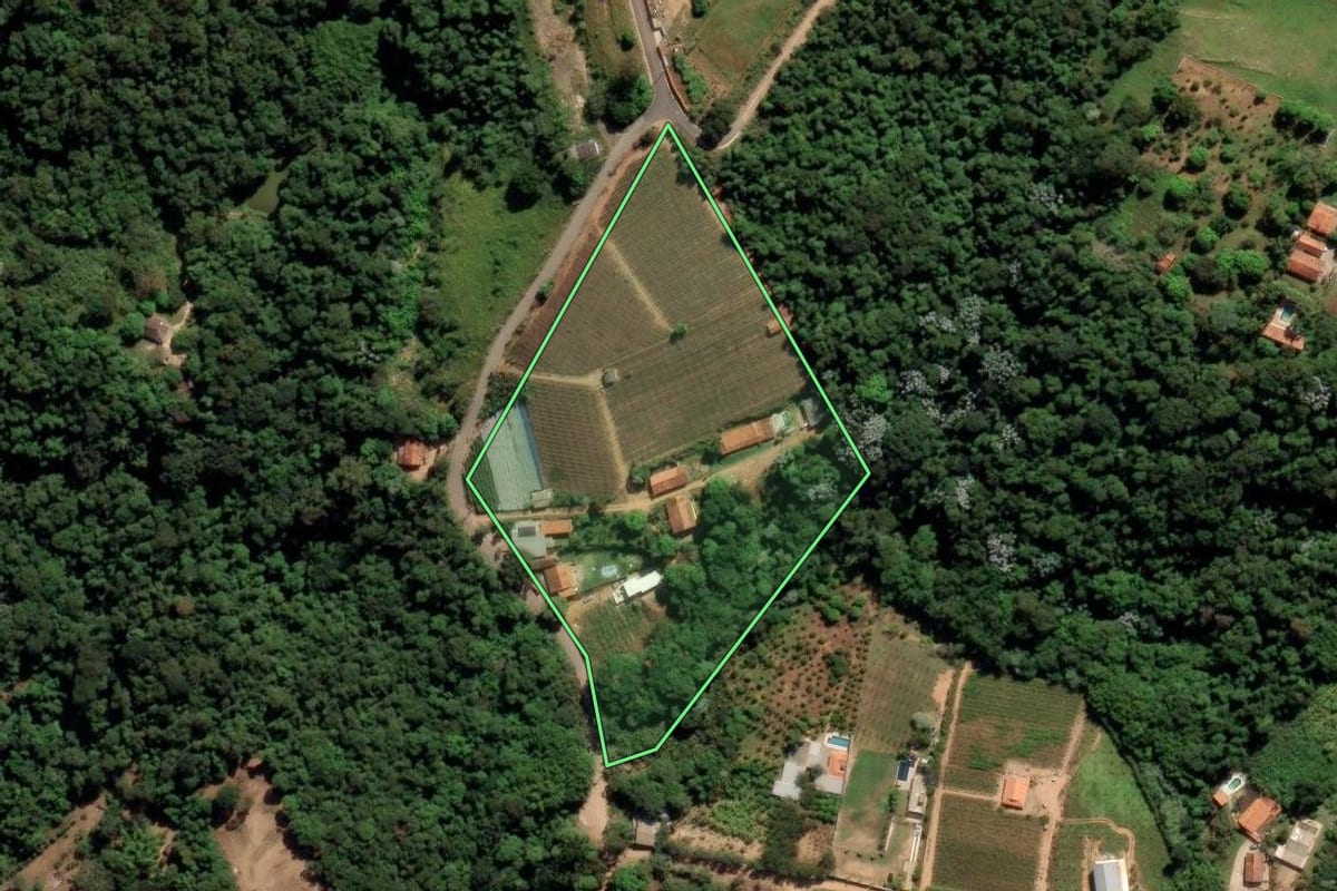 Imagem de satélite do imóvel rural em Louveira (SP), com o contorno declarado no CAR desenhado por cima.