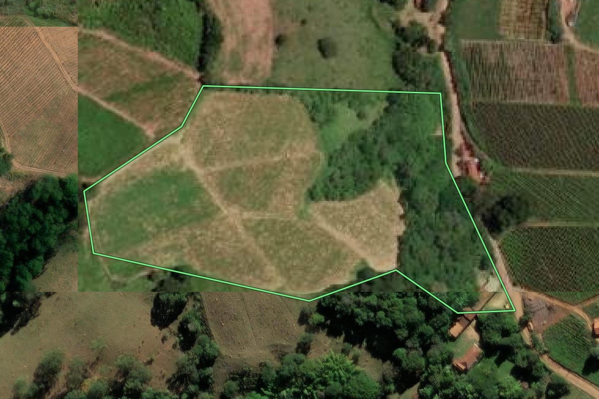 Imagem de satélite do imóvel rural em Louveira (SP), com o contorno declarado no CAR desenhado por cima.