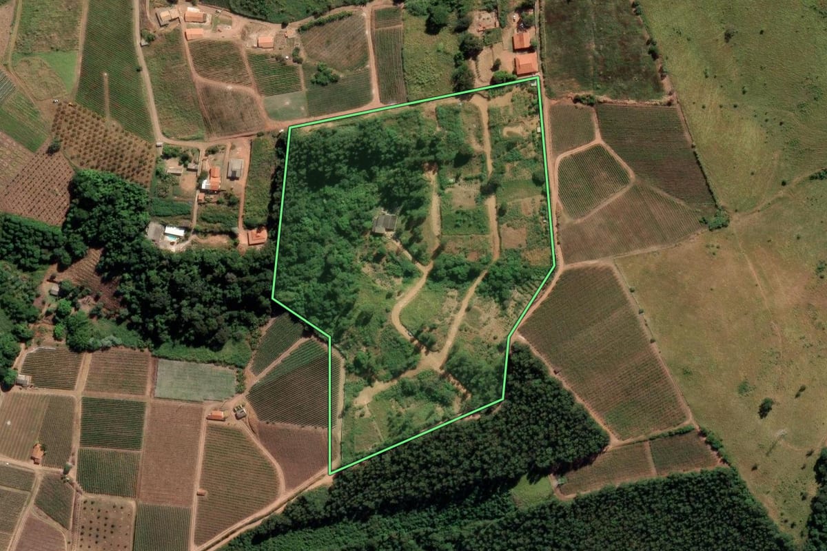 Imagem de satélite do imóvel rural em Louveira (SP), com o contorno declarado no CAR desenhado por cima.
