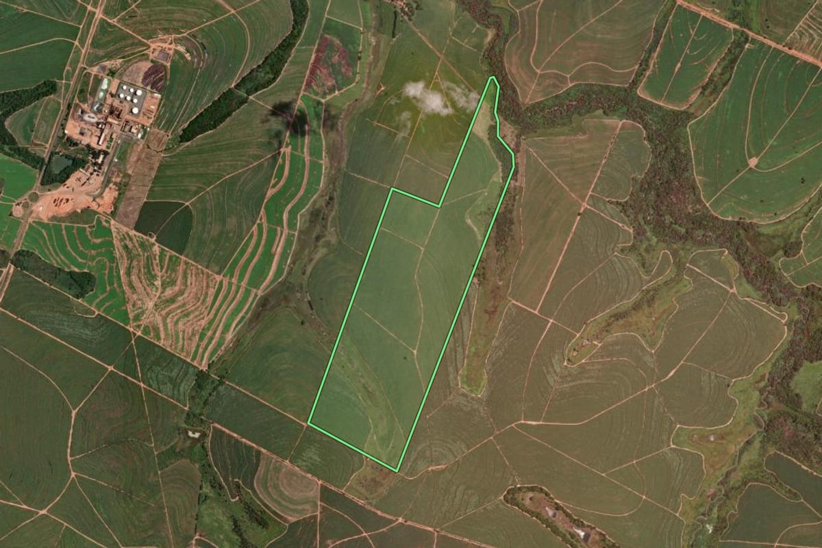 Imagem de satélite do imóvel rural em Lucélia (SP), com o contorno declarado no CAR desenhado por cima.