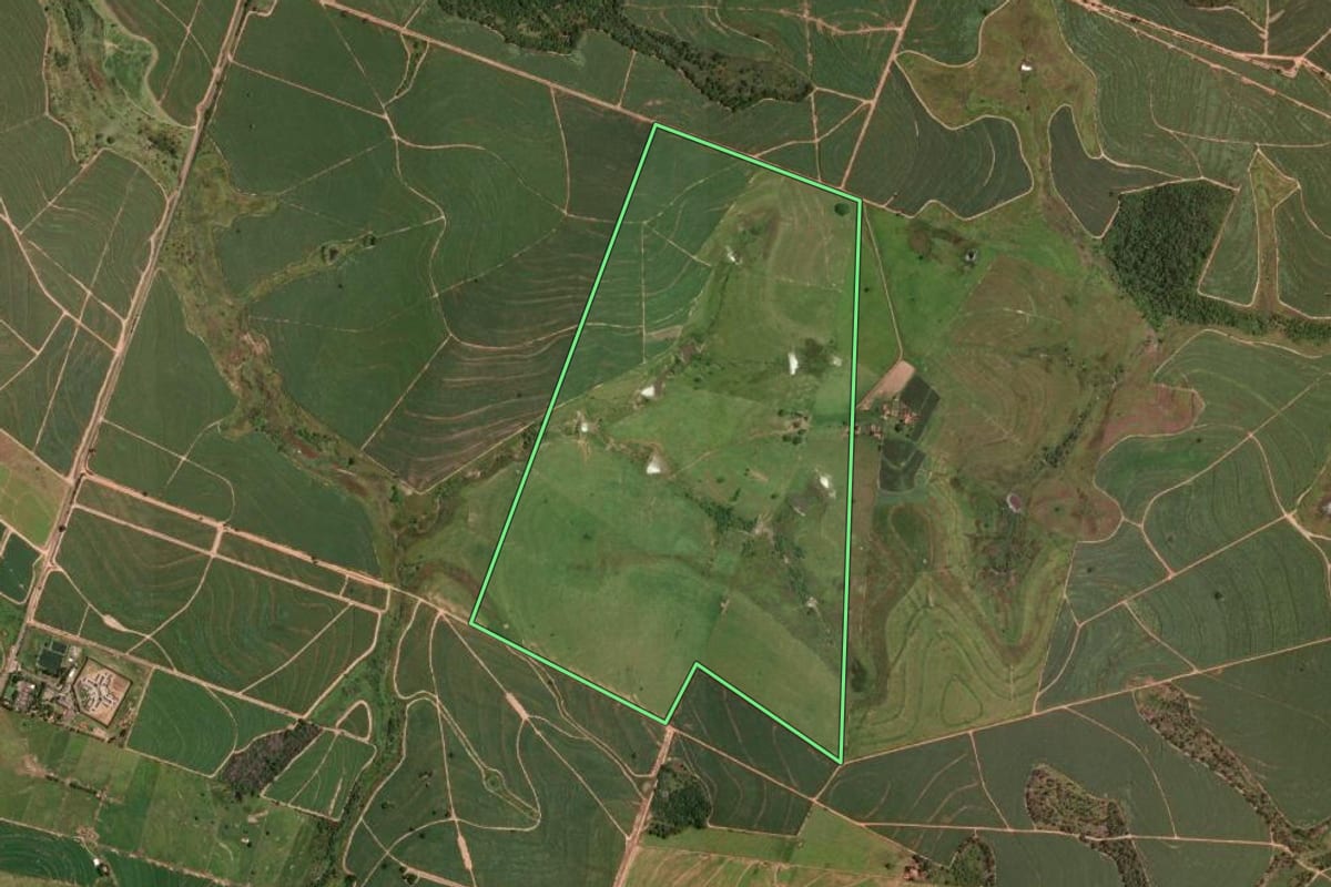 Imagem de satélite do imóvel rural em Lucélia (SP), com o contorno declarado no CAR desenhado por cima.