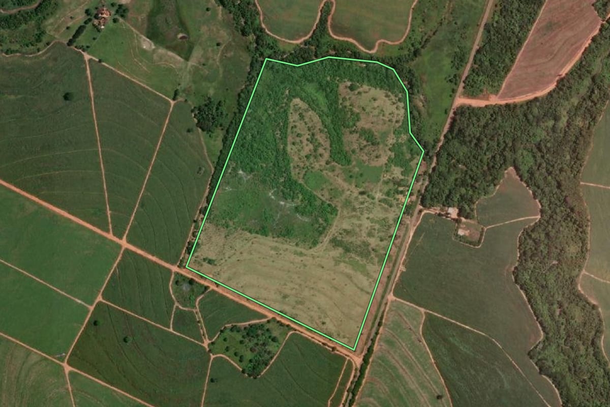 Imagem de satélite do imóvel rural em Lucélia (SP), com o contorno declarado no CAR desenhado por cima.