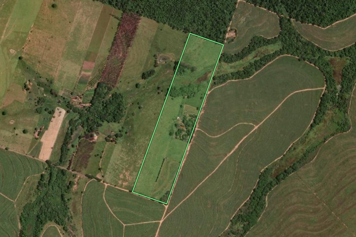 Imagem de satélite do imóvel rural em Lucélia (SP), com o contorno declarado no CAR desenhado por cima.