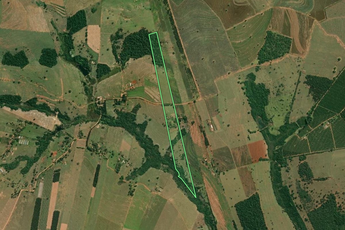 Imagem de satélite do imóvel rural em Lucianópolis (SP), com o contorno declarado no CAR desenhado por cima.