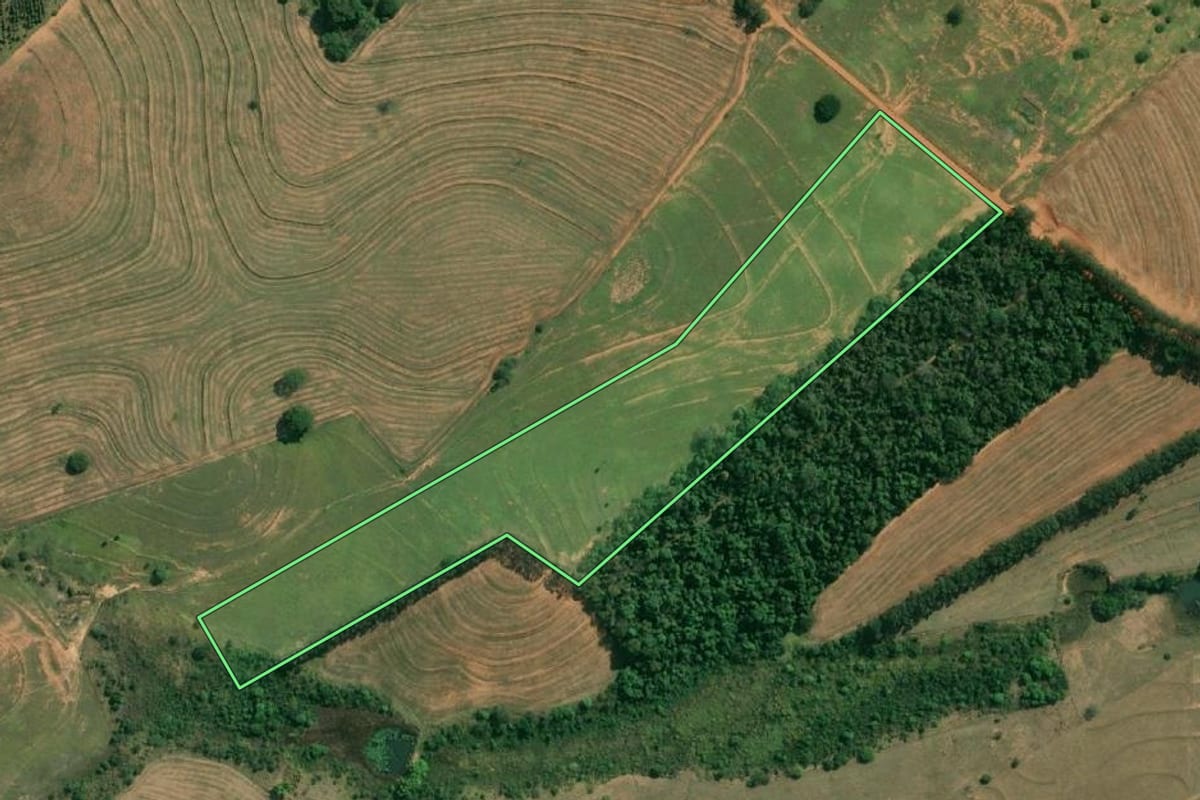 Imagem de satélite do imóvel rural em Lucianópolis (SP), com o contorno declarado no CAR desenhado por cima.