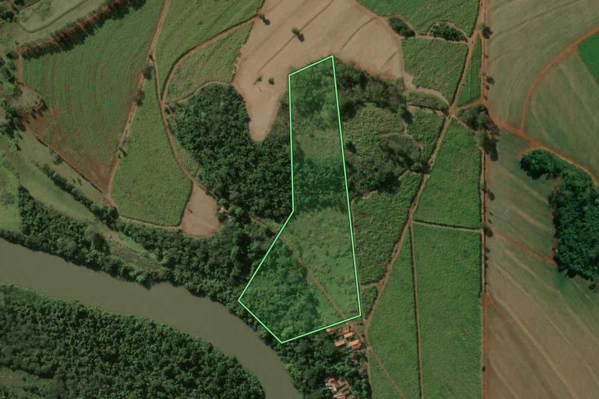 Imagem de satélite do imóvel rural em Luís Antônio (SP), com o contorno declarado no CAR desenhado por cima.