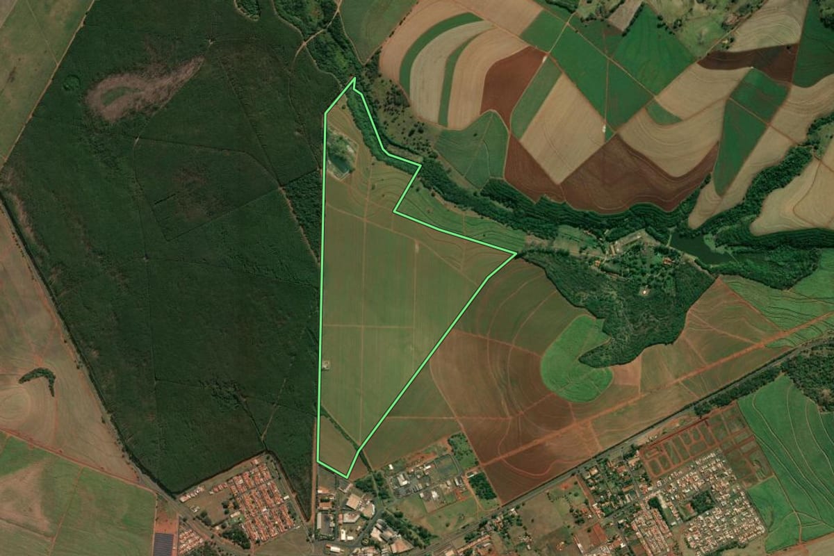 Imagem de satélite do imóvel rural em Luís Antônio (SP), com o contorno declarado no CAR desenhado por cima.