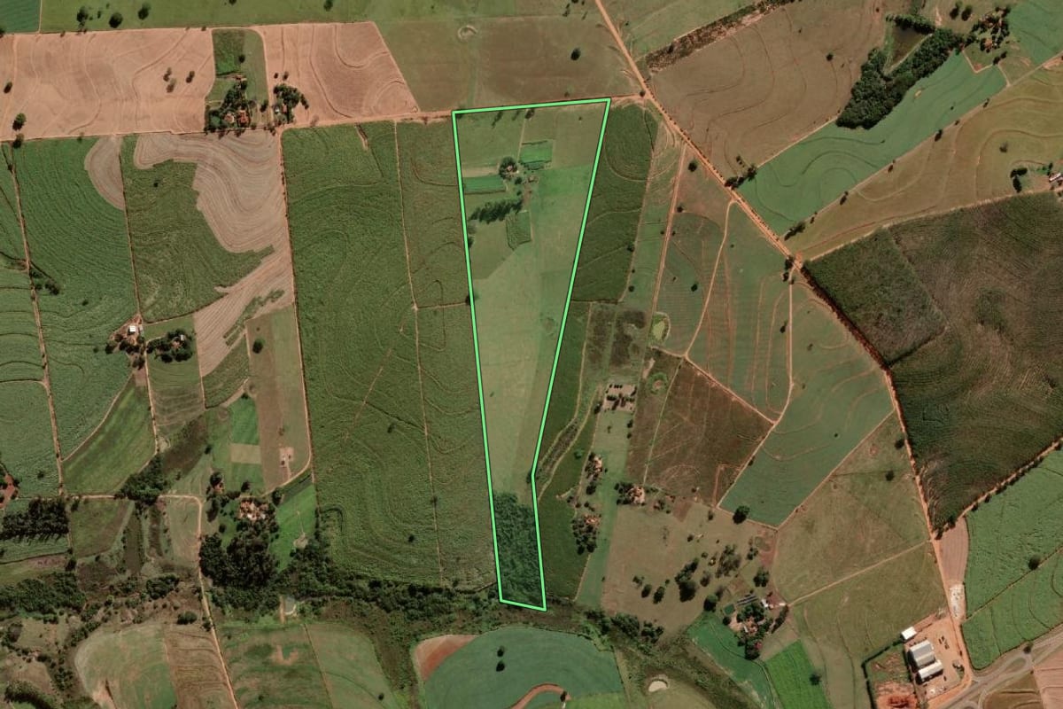 Imagem de satélite do imóvel rural em Luiziânia (SP), com o contorno declarado no CAR desenhado por cima.