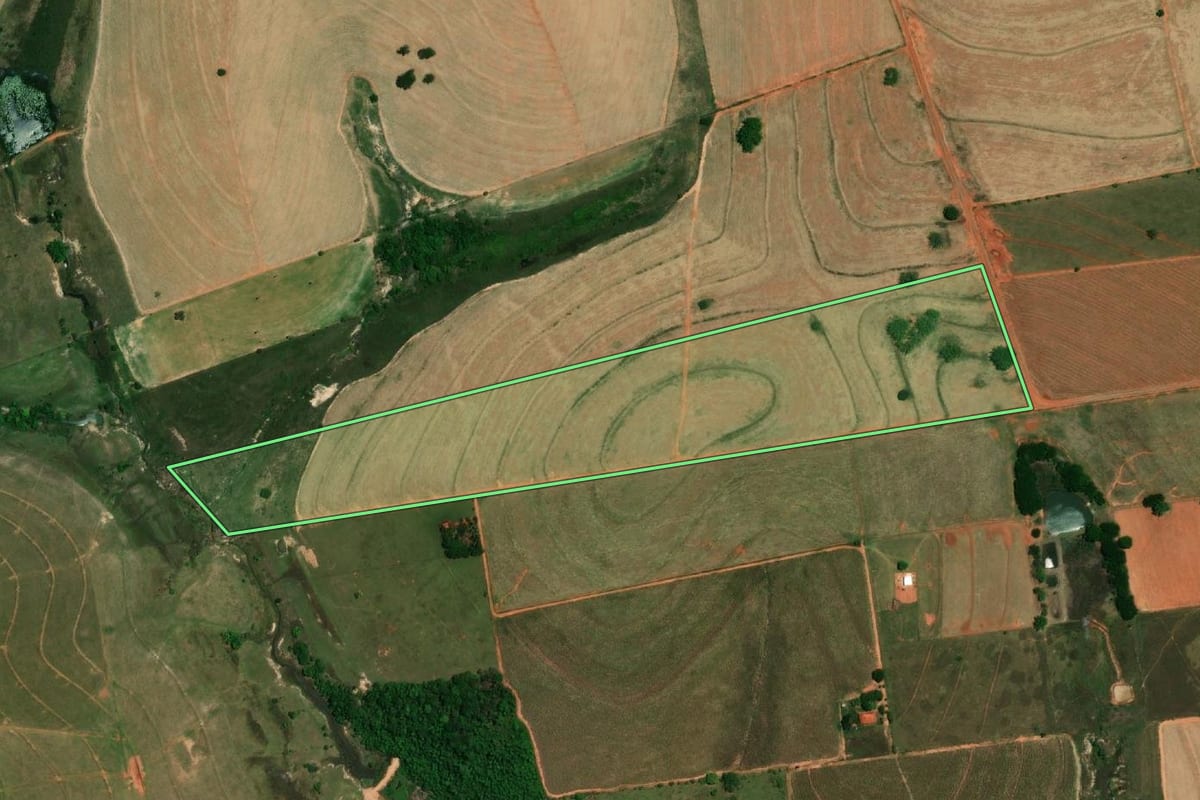 Imagem de satélite do imóvel rural em Luiziânia (SP), com o contorno declarado no CAR desenhado por cima.