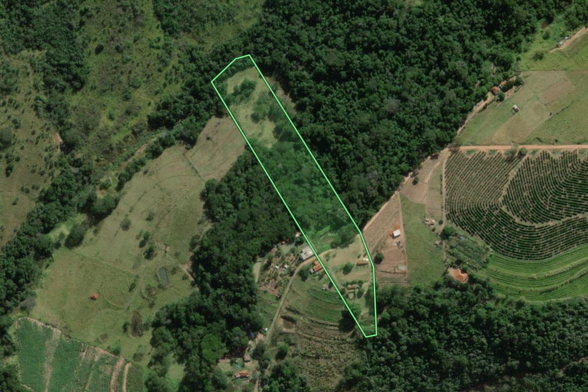 Imagem de satélite do imóvel rural em Lupércio (SP), com o contorno declarado no CAR desenhado por cima.