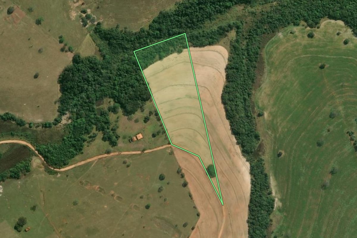 Imagem de satélite do imóvel rural em Lupércio (SP), com o contorno declarado no CAR desenhado por cima.