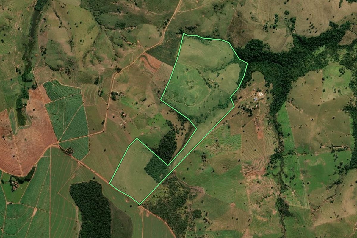 Imagem de satélite do imóvel rural em Lutécia (SP), com o contorno declarado no CAR desenhado por cima.