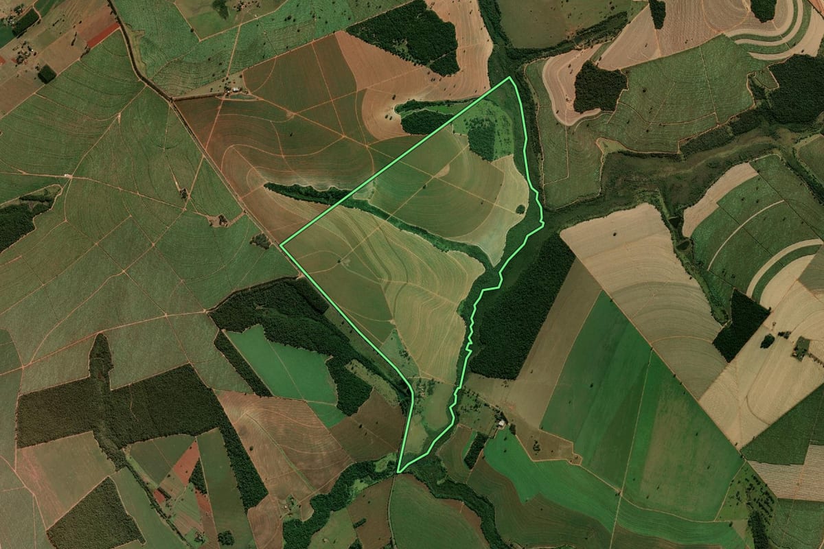 Imagem de satélite do imóvel rural em Lutécia (SP), com o contorno declarado no CAR desenhado por cima.