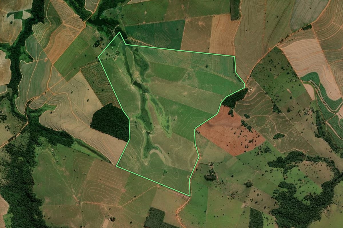 Imagem de satélite do imóvel rural em Lutécia (SP), com o contorno declarado no CAR desenhado por cima.
