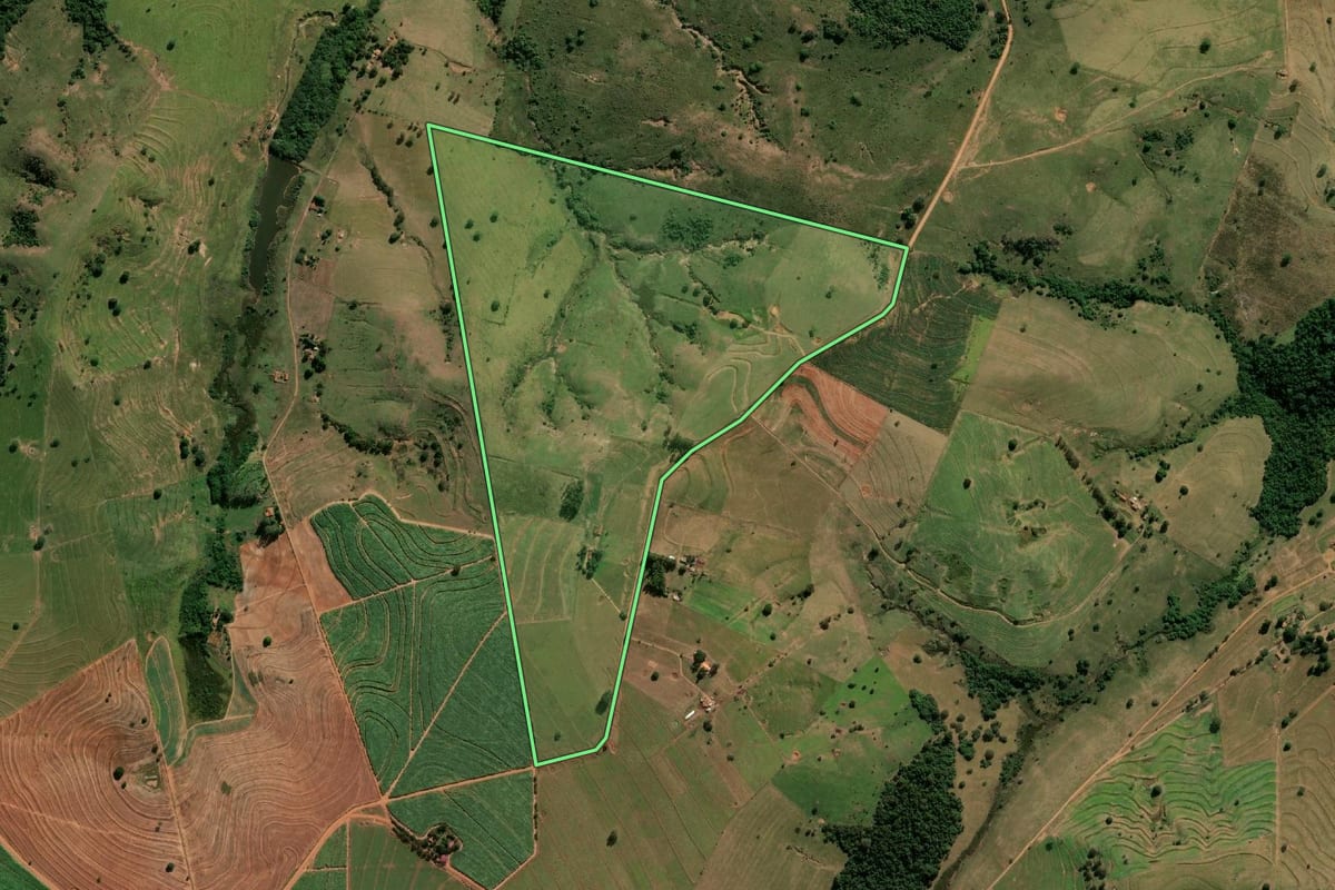 Imagem de satélite do imóvel rural em Lutécia (SP), com o contorno declarado no CAR desenhado por cima.