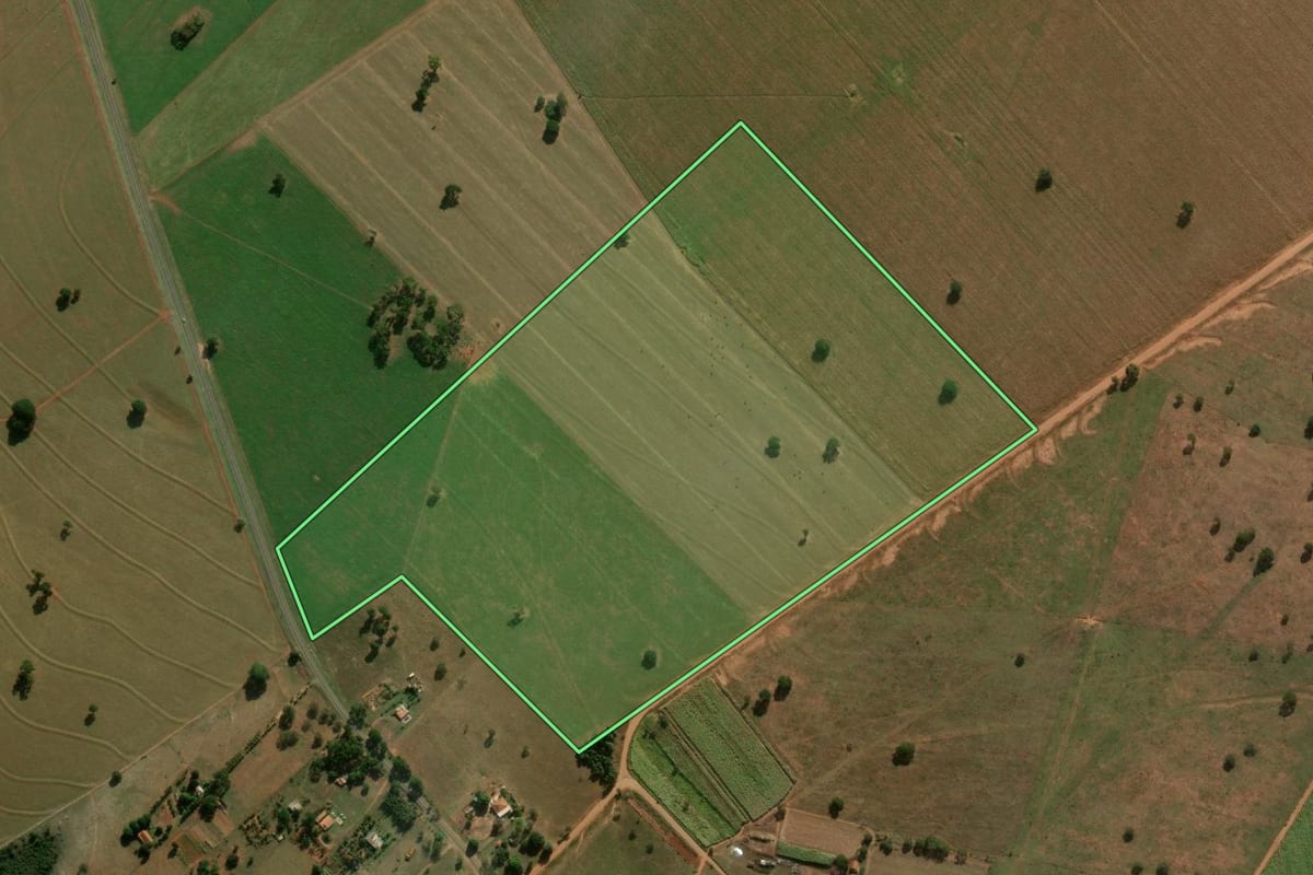 Imagem de satélite do imóvel rural em Lutécia (SP), com o contorno declarado no CAR desenhado por cima.