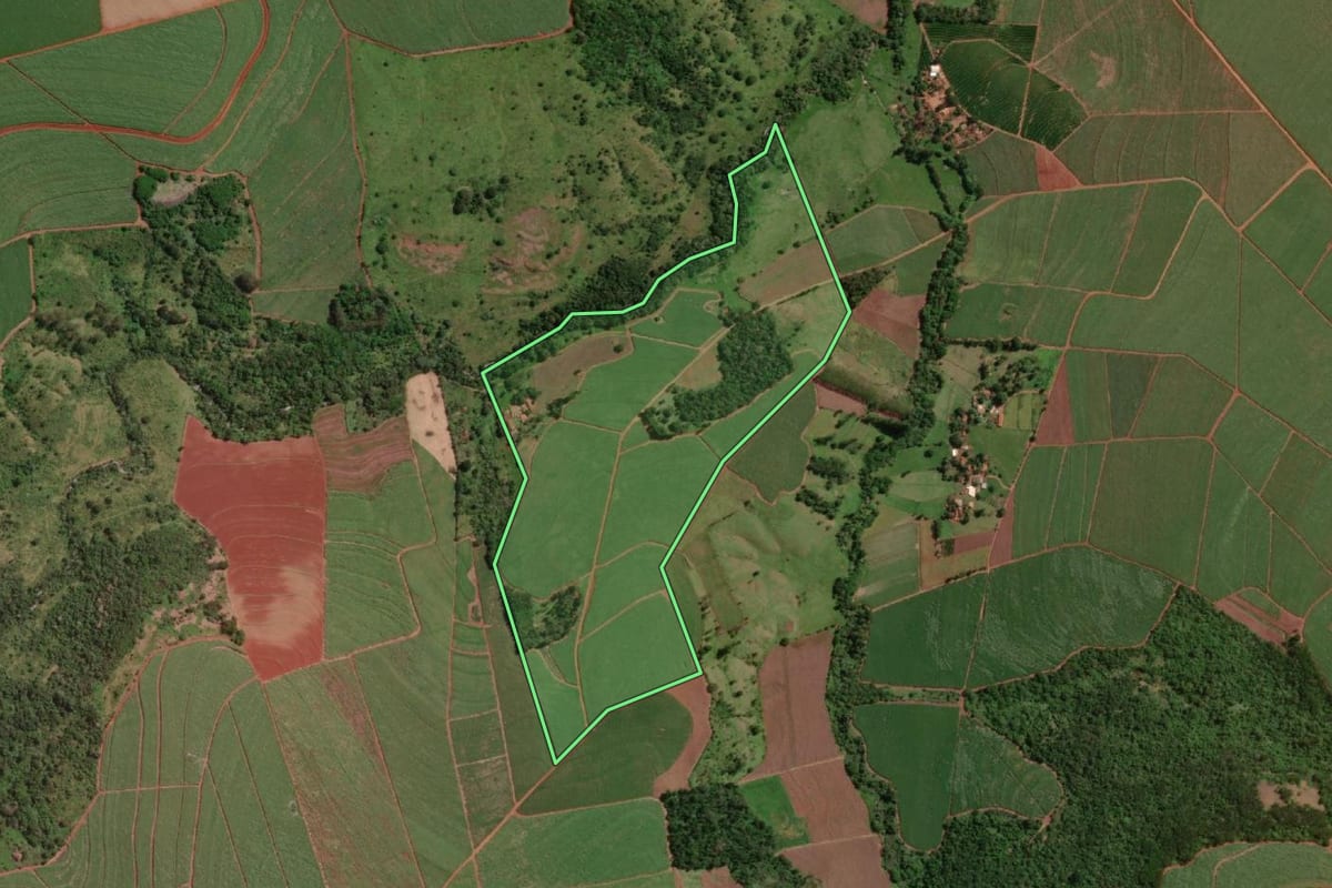 Imagem de satélite do imóvel rural em Macatuba (SP), com o contorno declarado no CAR desenhado por cima.