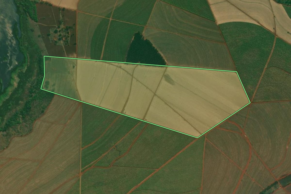 Imagem de satélite do imóvel rural em Macatuba (SP), com o contorno declarado no CAR desenhado por cima.