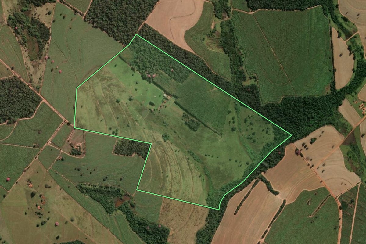 Imagem de satélite do imóvel rural em Macaubal (SP), com o contorno declarado no CAR desenhado por cima.