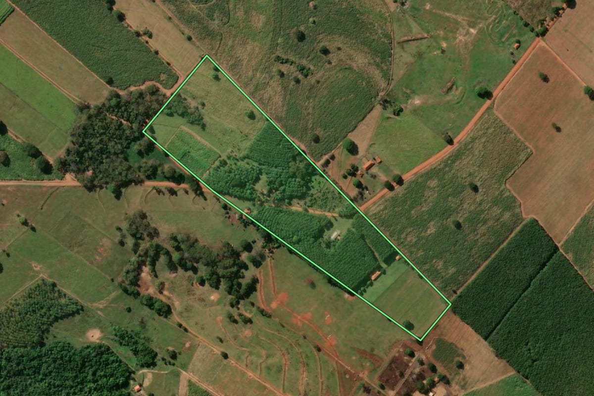 Imagem de satélite do imóvel rural em Macaubal (SP), com o contorno declarado no CAR desenhado por cima.