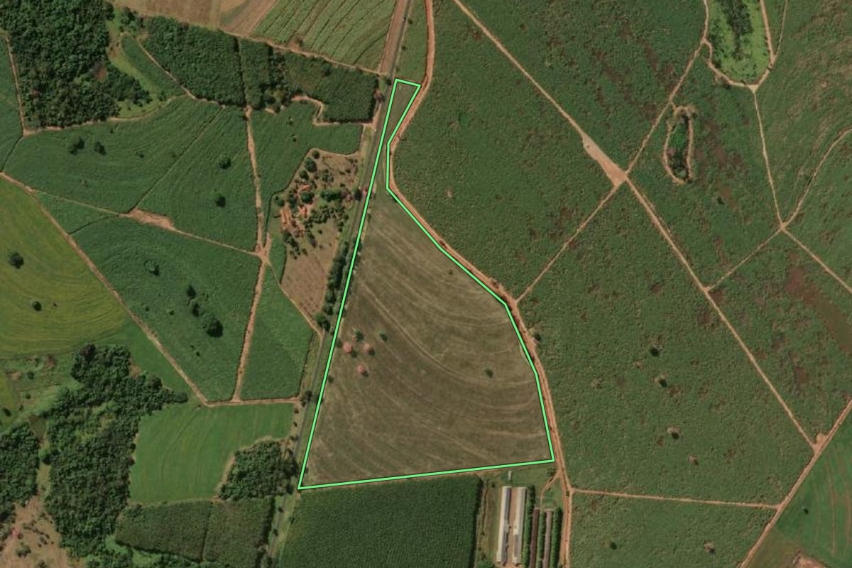 Imagem de satélite do imóvel rural em Macaubal (SP), com o contorno declarado no CAR desenhado por cima.