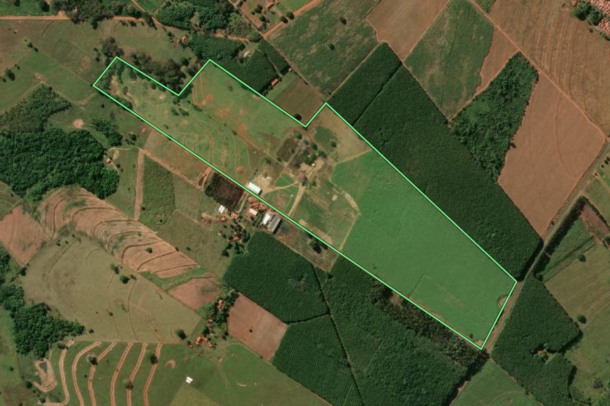 Imagem de satélite do imóvel rural em Macaubal (SP), com o contorno declarado no CAR desenhado por cima.