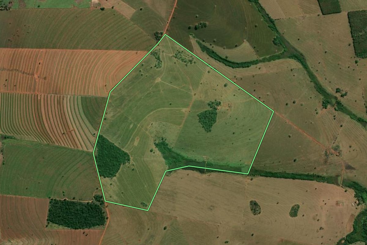 Imagem de satélite do imóvel rural em Macedônia (SP), com o contorno declarado no CAR desenhado por cima.